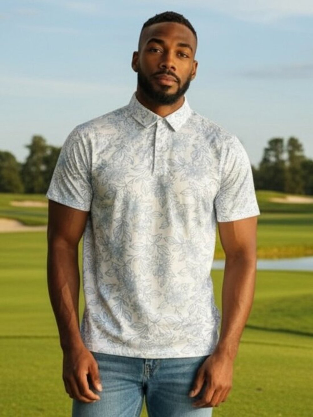 NEW YATTA Golf Blue Floral Polo Shirt Short‎ Sleeve Mens Size Large NWT